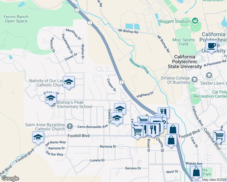 map of restaurants, bars, coffee shops, grocery stores, and more near 536 Couper Drive in San Luis Obispo