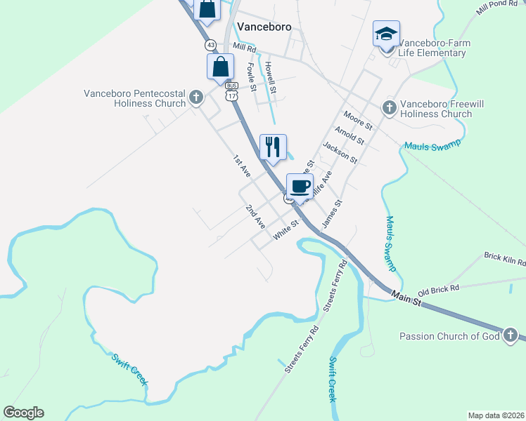 map of restaurants, bars, coffee shops, grocery stores, and more near 313 College Street in Vanceboro