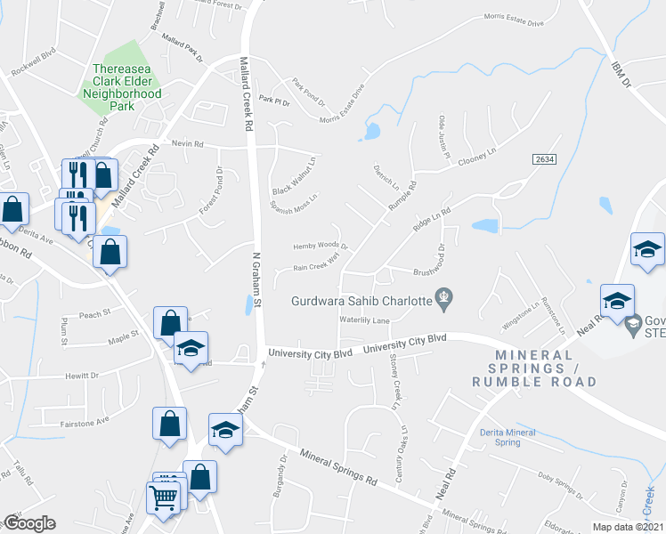 map of restaurants, bars, coffee shops, grocery stores, and more near 6710 Rain Creek Way in Charlotte