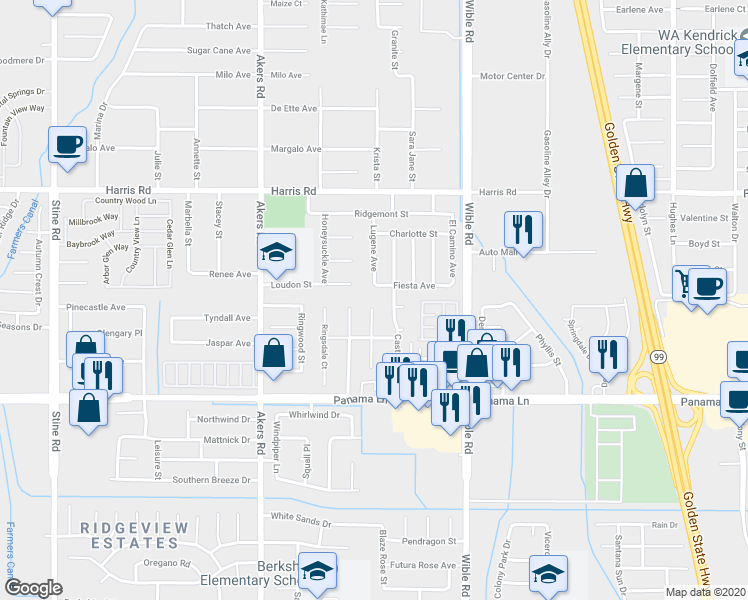 map of restaurants, bars, coffee shops, grocery stores, and more near 6100 Castleton Street in Bakersfield