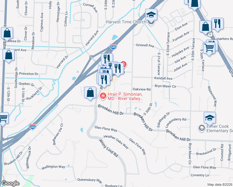 map of restaurants, bars, coffee shops, grocery stores, and more near 2705 Oakview Road in Fort Smith