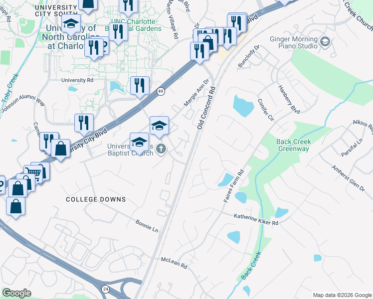 map of restaurants, bars, coffee shops, grocery stores, and more near 9616 Vinca Circle in Charlotte