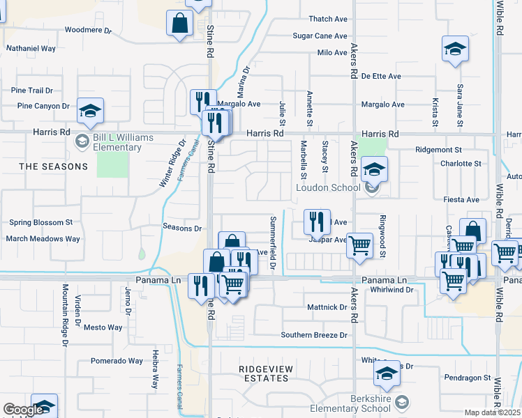 map of restaurants, bars, coffee shops, grocery stores, and more near 4600 Pinecastle Avenue in Bakersfield
