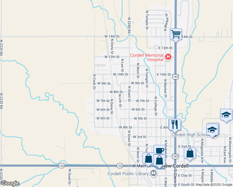 map of restaurants, bars, coffee shops, grocery stores, and more near 820 North Lee Street in New Cordell