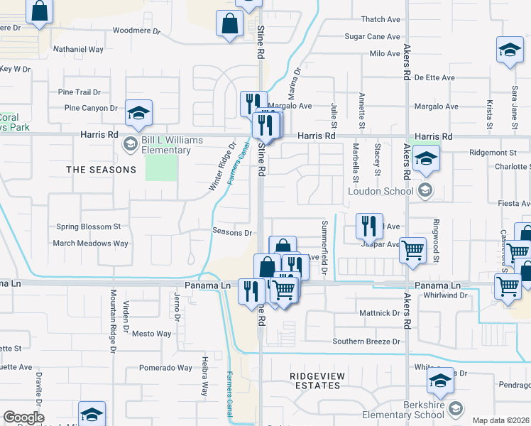 map of restaurants, bars, coffee shops, grocery stores, and more near 4816 Pinecastle Avenue in Bakersfield