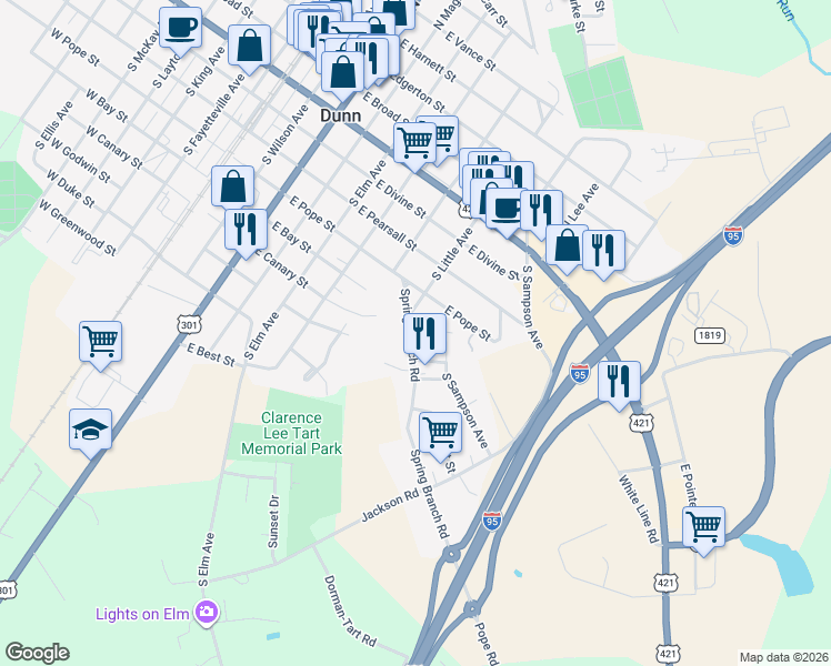 map of restaurants, bars, coffee shops, grocery stores, and more near 127 Spring Branch Road in Dunn