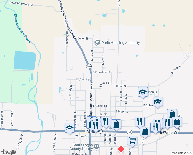 map of restaurants, bars, coffee shops, grocery stores, and more near 106 Henson Drive in Paris
