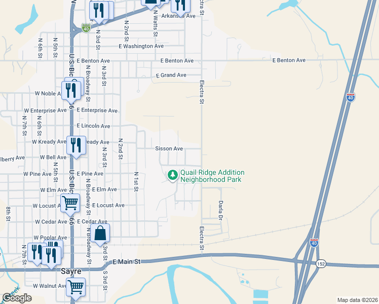 map of restaurants, bars, coffee shops, grocery stores, and more near 802 Sisson Avenue in Sayre