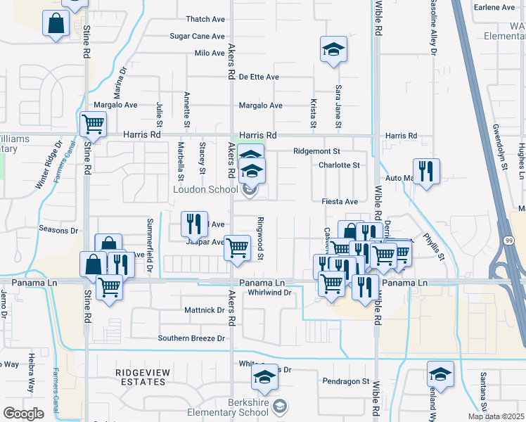 map of restaurants, bars, coffee shops, grocery stores, and more near 3900 Vance Avenue in Bakersfield