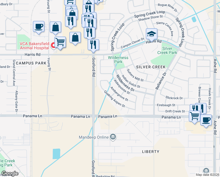 map of restaurants, bars, coffee shops, grocery stores, and more near 6109 Ambergrove Street in Bakersfield