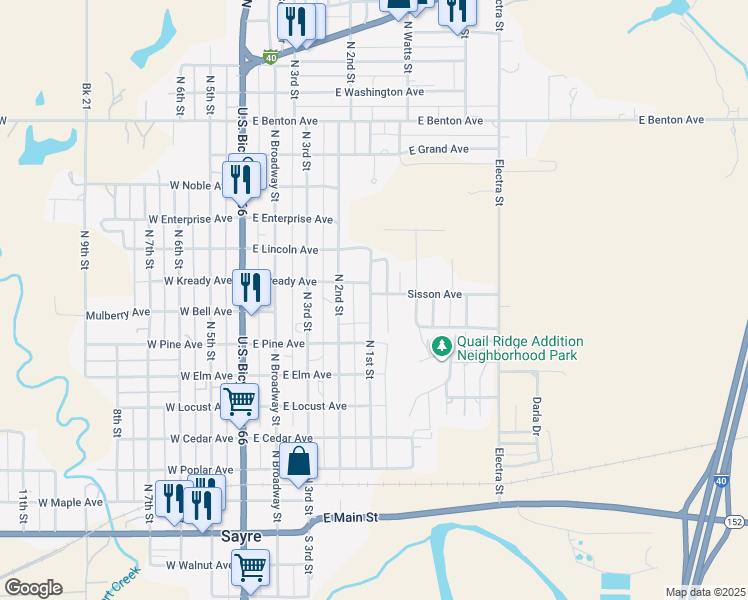map of restaurants, bars, coffee shops, grocery stores, and more near 102 Sisson Avenue in Sayre