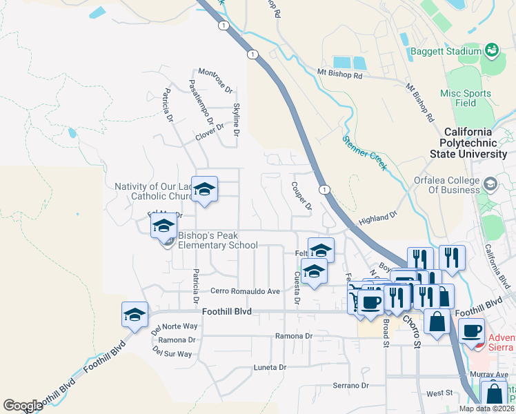 map of restaurants, bars, coffee shops, grocery stores, and more near 553 Princeton Place in San Luis Obispo
