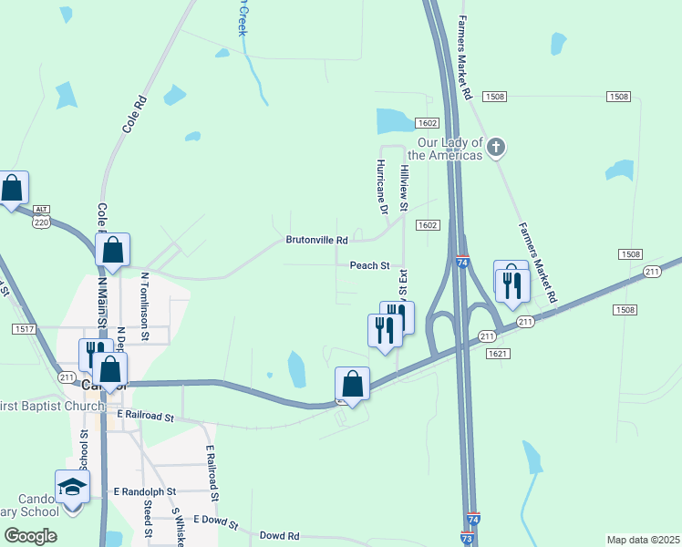 map of restaurants, bars, coffee shops, grocery stores, and more near 143 Peach Street in Candor