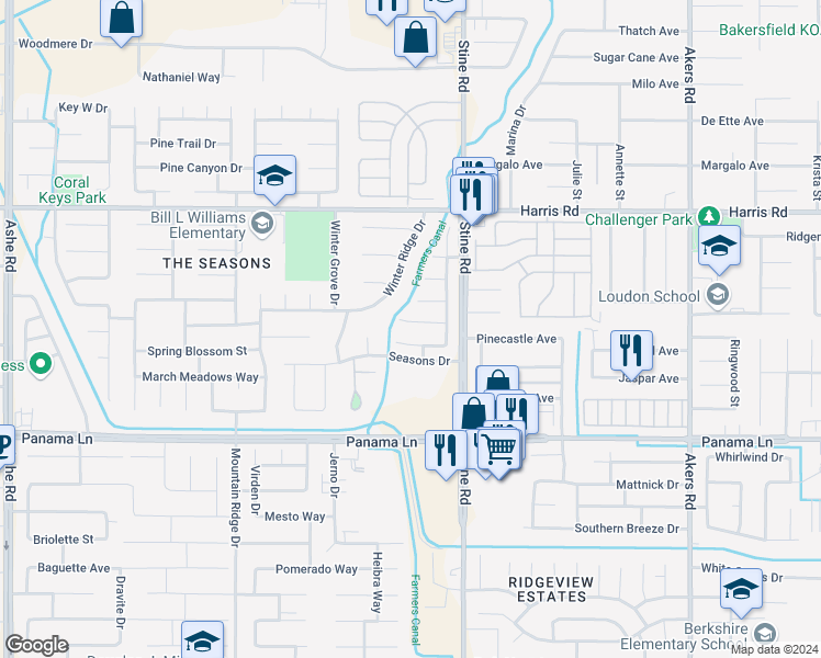 map of restaurants, bars, coffee shops, grocery stores, and more near 5021 Greenville Court in Bakersfield