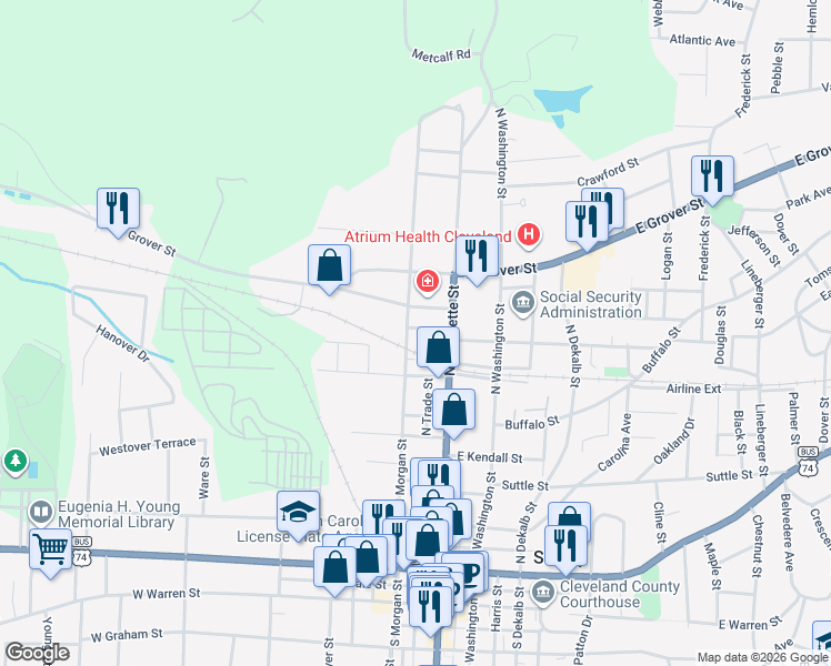 map of restaurants, bars, coffee shops, grocery stores, and more near 618 North Morgan Street in Shelby