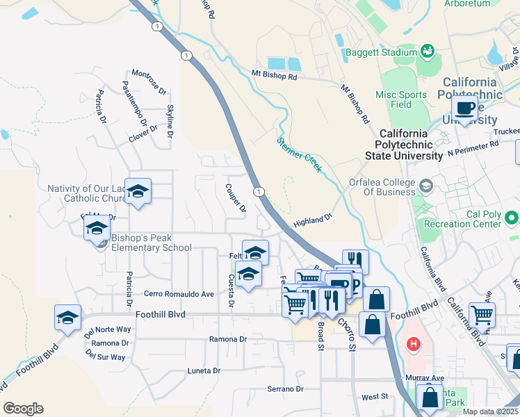 map of restaurants, bars, coffee shops, grocery stores, and more near 567 Paseo Bella Montana in San Luis Obispo