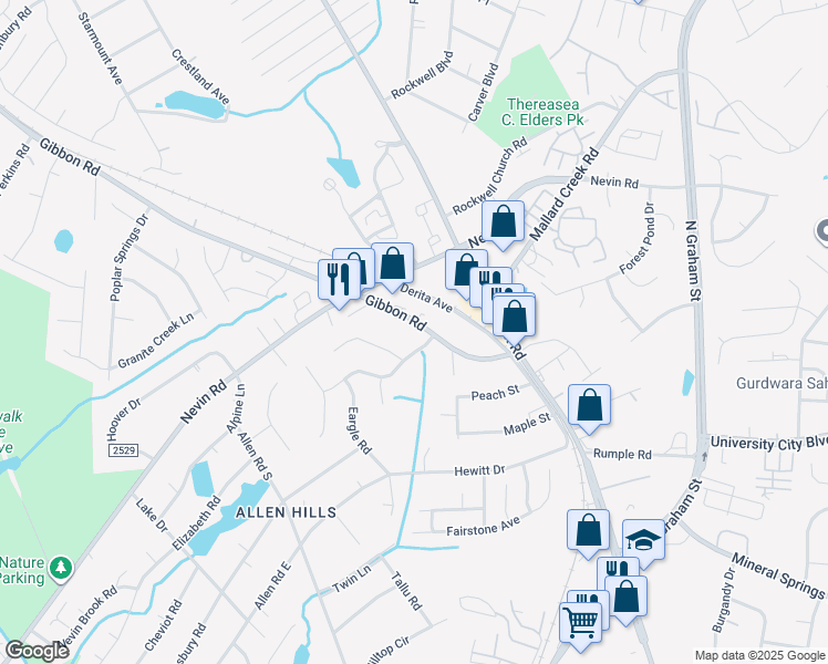 map of restaurants, bars, coffee shops, grocery stores, and more near 2840 Hosta Drive in Charlotte