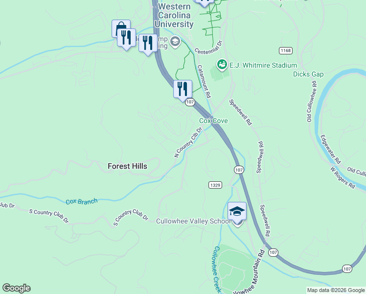 map of restaurants, bars, coffee shops, grocery stores, and more near 47 Warp Dr in Cullowhee