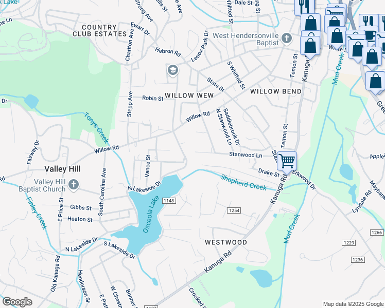 map of restaurants, bars, coffee shops, grocery stores, and more near 416 North Lakeside Drive in Hendersonville