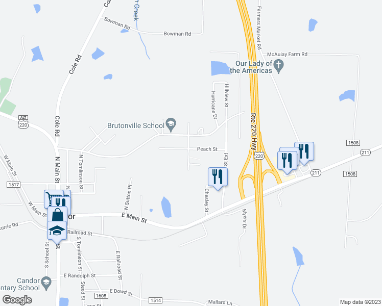 map of restaurants, bars, coffee shops, grocery stores, and more near 143 Peach Street in Candor