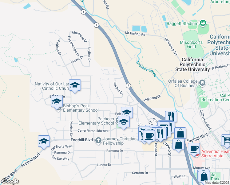 map of restaurants, bars, coffee shops, grocery stores, and more near 554 Cuesta Drive in San Luis Obispo