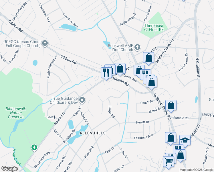 map of restaurants, bars, coffee shops, grocery stores, and more near 5340 Nevin Road in Charlotte