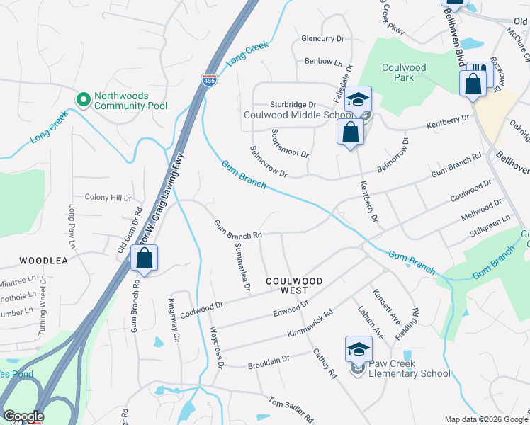 map of restaurants, bars, coffee shops, grocery stores, and more near 225 Woodlynn Drive in Charlotte