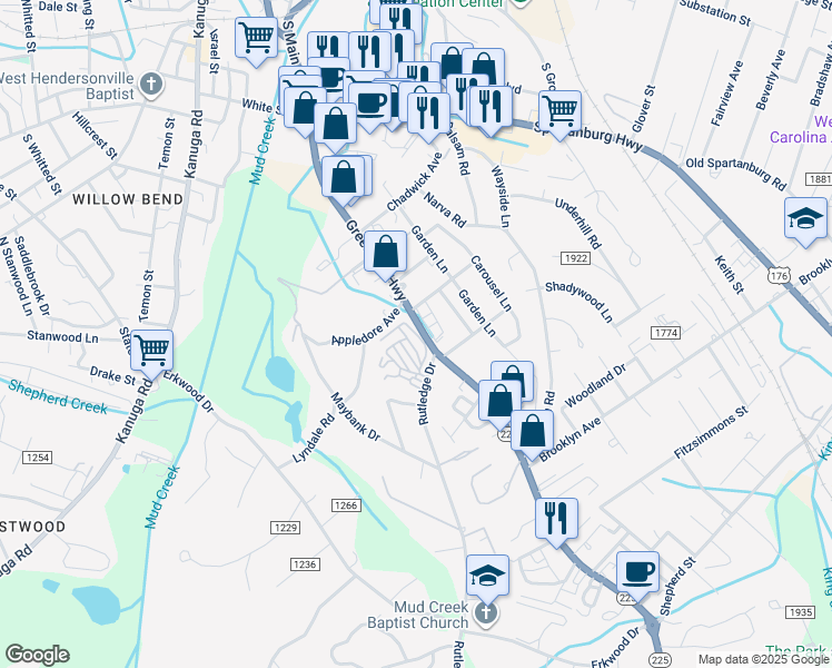 map of restaurants, bars, coffee shops, grocery stores, and more near Dogwood Path Lane in Hendersonville