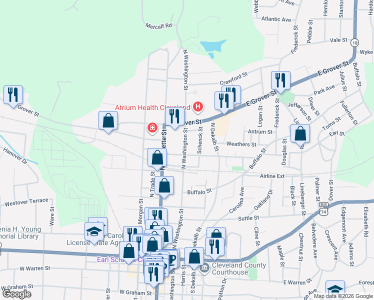 map of restaurants, bars, coffee shops, grocery stores, and more near 113 Hudson Street in Shelby