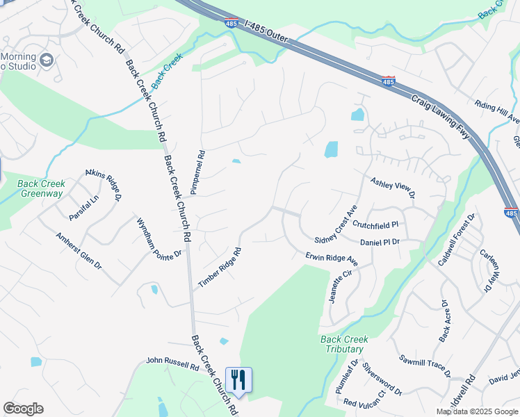 map of restaurants, bars, coffee shops, grocery stores, and more near 11701 Timber Ridge Road in Charlotte