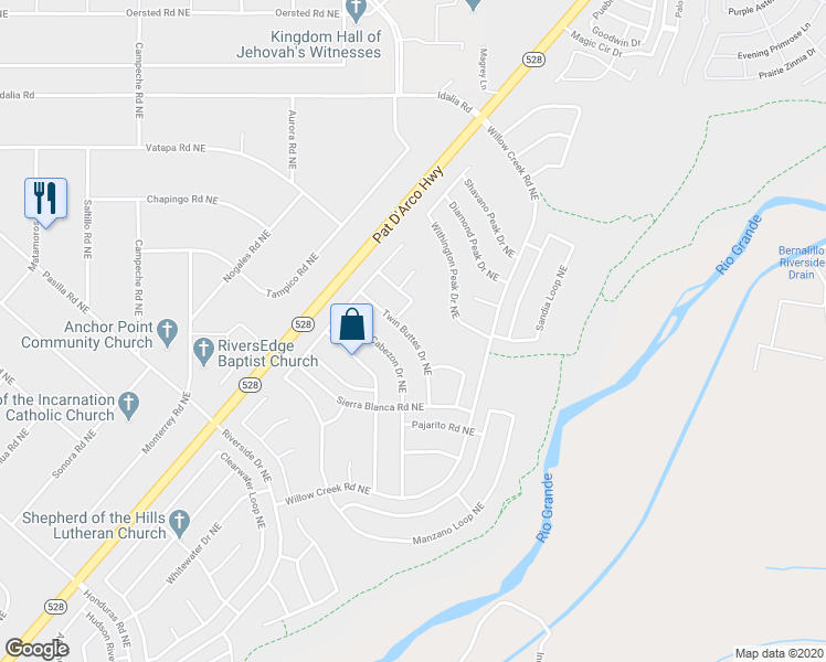 map of restaurants, bars, coffee shops, grocery stores, and more near 2540 Twin Buttes Drive Northeast in Rio Rancho