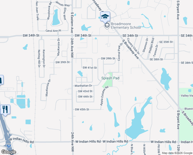 map of restaurants, bars, coffee shops, grocery stores, and more near 4129 Queens Drive in Moore