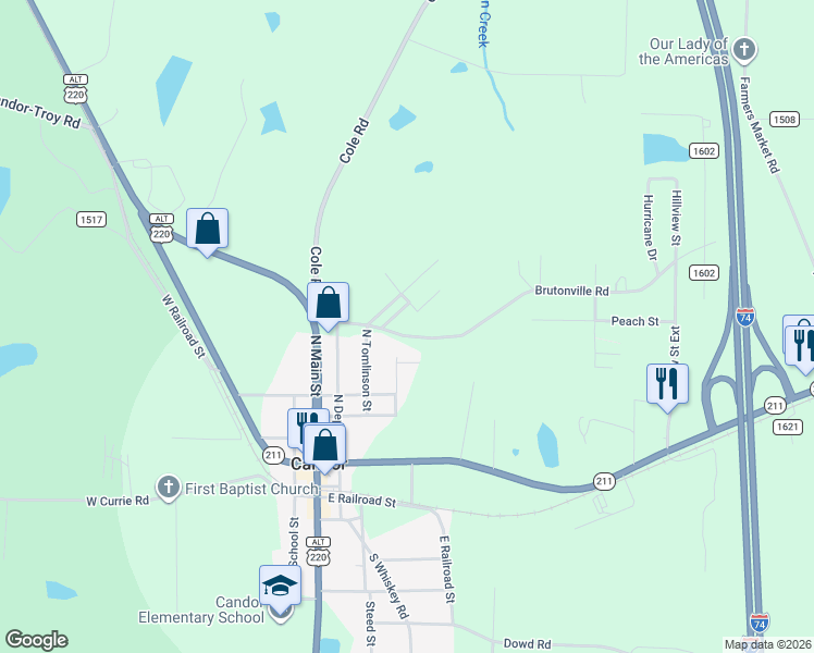 map of restaurants, bars, coffee shops, grocery stores, and more near 100 North POPLAR Street in Candor