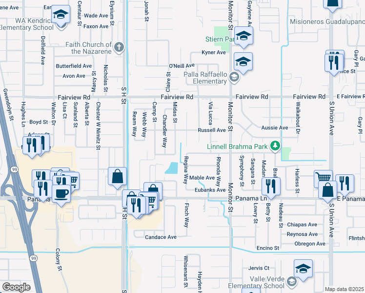 map of restaurants, bars, coffee shops, grocery stores, and more near 5925 Lenz Court in Bakersfield