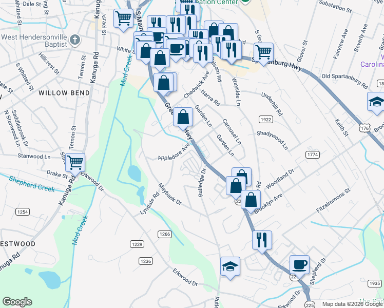 map of restaurants, bars, coffee shops, grocery stores, and more near 124 Ash Path Lane in Hendersonville
