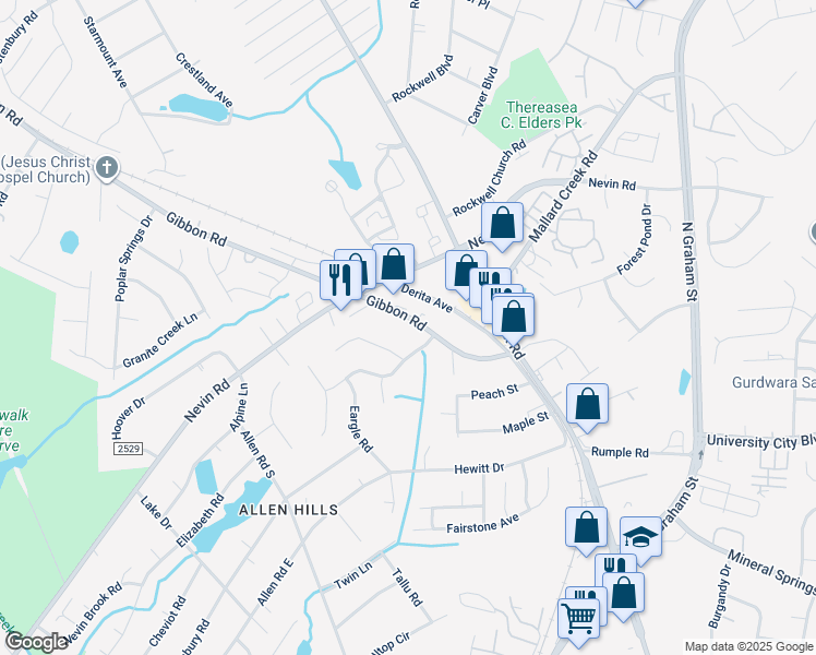 map of restaurants, bars, coffee shops, grocery stores, and more near 2840 Hosta Drive in Charlotte