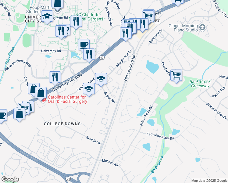 map of restaurants, bars, coffee shops, grocery stores, and more near 9616 Vinca Circle in Charlotte