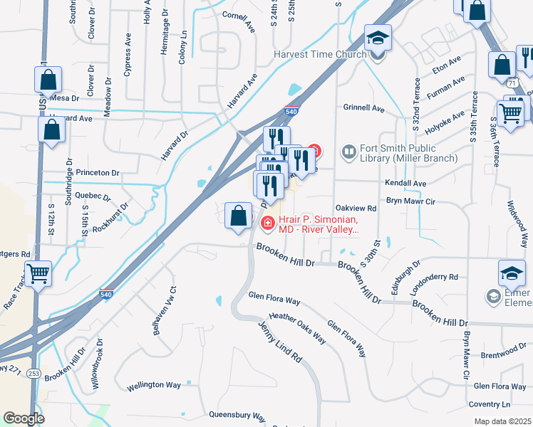 map of restaurants, bars, coffee shops, grocery stores, and more near 9050 Jenny Lind Road in Fort Smith