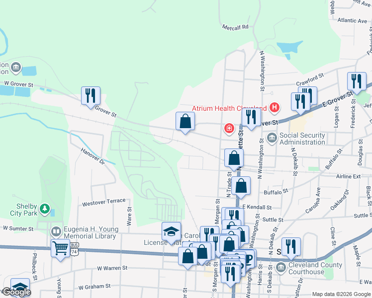 map of restaurants, bars, coffee shops, grocery stores, and more near 630 Hillcrest Drive in Shelby