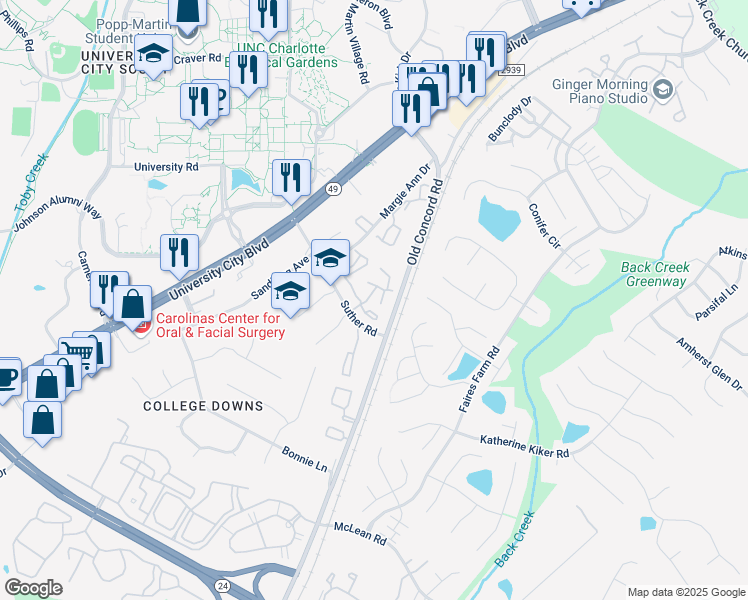 map of restaurants, bars, coffee shops, grocery stores, and more near 9616 Vinca Circle in Charlotte