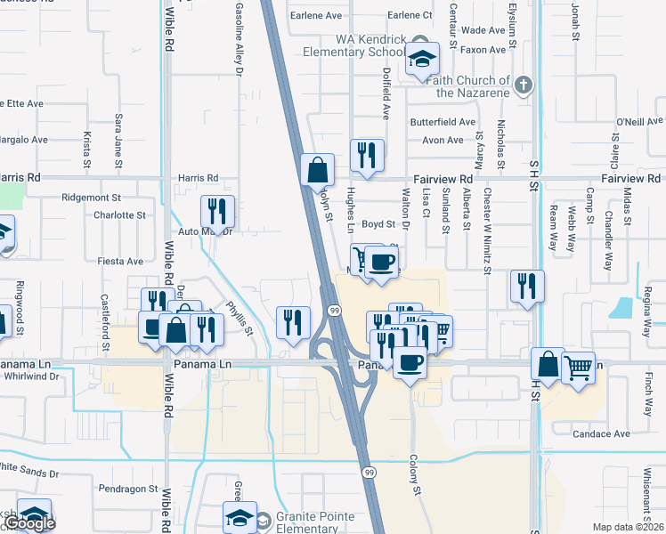 map of restaurants, bars, coffee shops, grocery stores, and more near 6017 Gwendolyn Street in Bakersfield