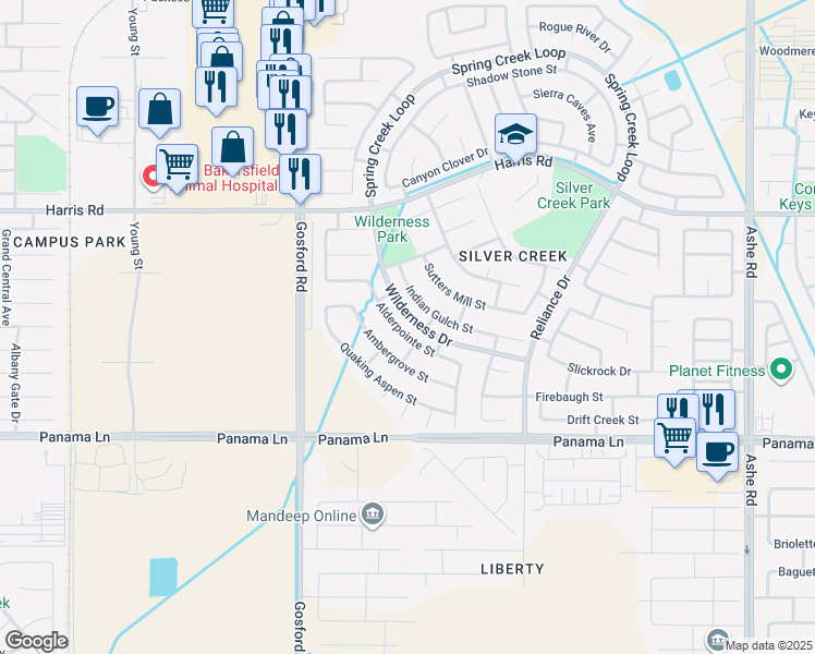 map of restaurants, bars, coffee shops, grocery stores, and more near 6116 Alderpointe Street in Bakersfield