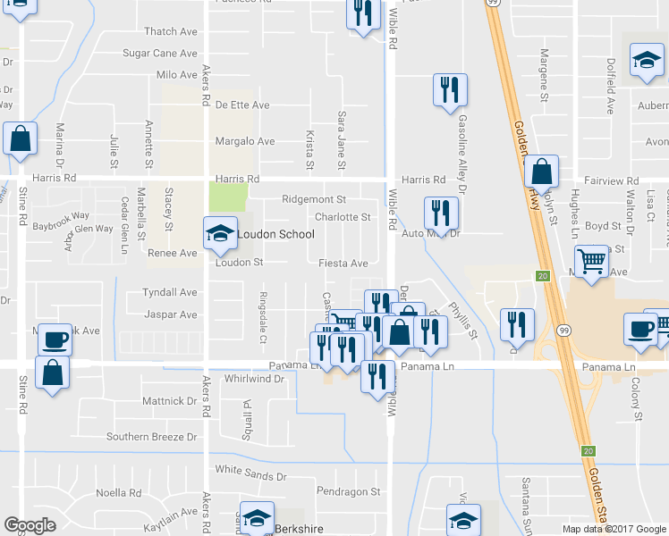 map of restaurants, bars, coffee shops, grocery stores, and more near 3505 Fiesta Avenue in Bakersfield