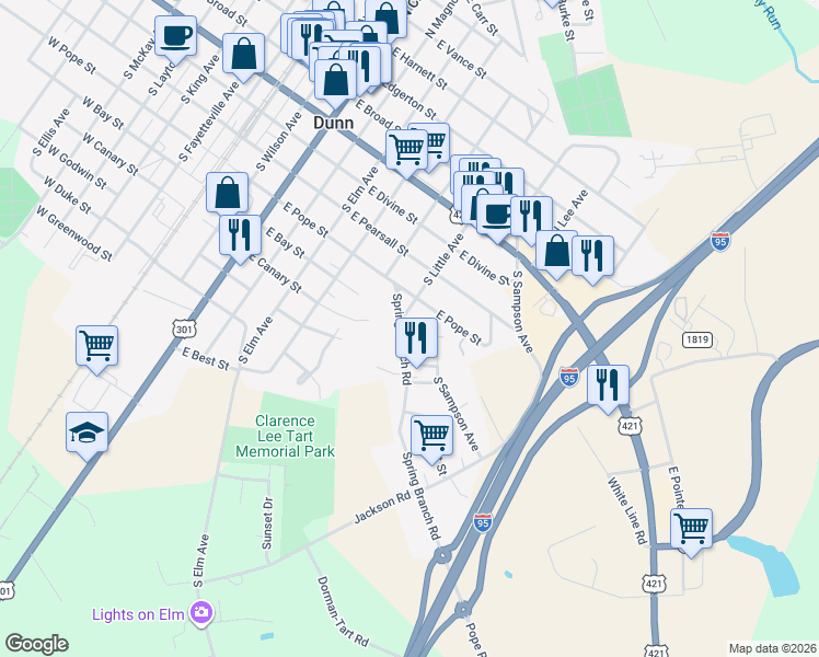 map of restaurants, bars, coffee shops, grocery stores, and more near 127 Spring Branch Road in Dunn