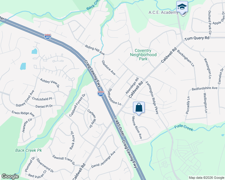 map of restaurants, bars, coffee shops, grocery stores, and more near 4528 Staffordshire Lane in Charlotte