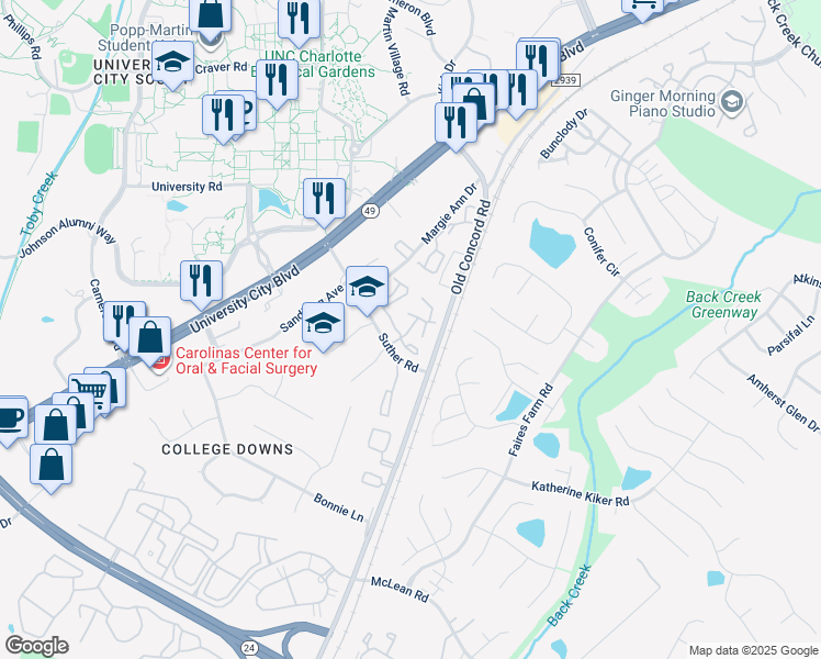 map of restaurants, bars, coffee shops, grocery stores, and more near 9616 Vinca Circle in Charlotte