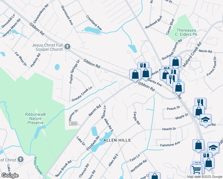 map of restaurants, bars, coffee shops, grocery stores, and more near 5237 Nevin Road in Charlotte