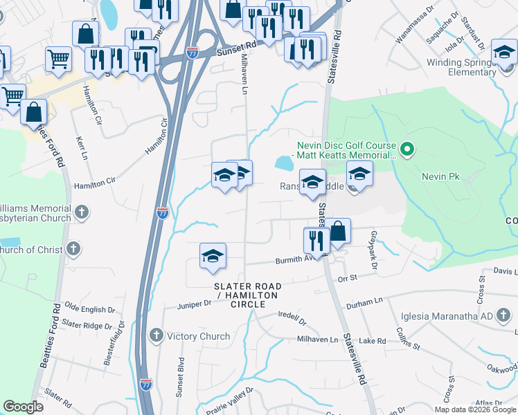map of restaurants, bars, coffee shops, grocery stores, and more near 6104 Sunbridge Court in Charlotte