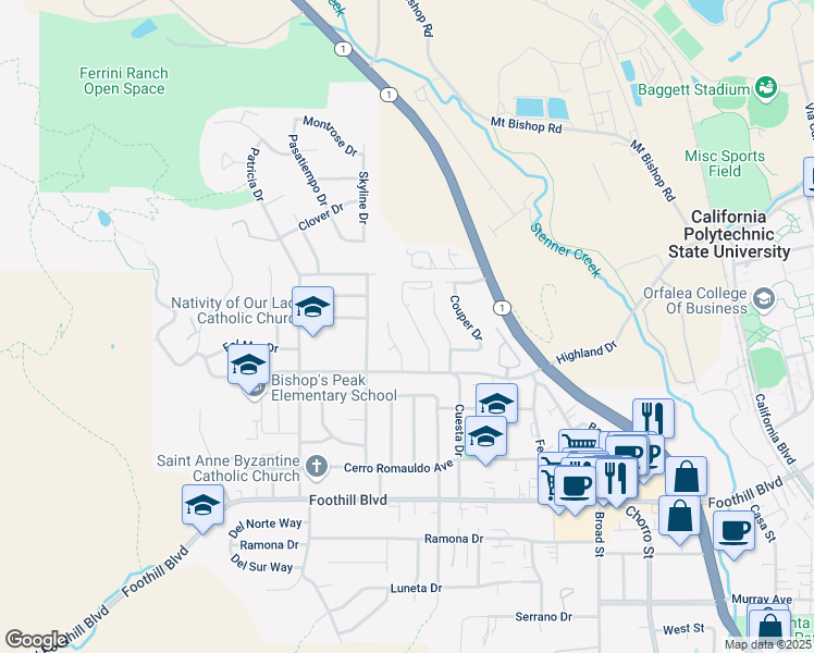 map of restaurants, bars, coffee shops, grocery stores, and more near 612 Stanford Drive in San Luis Obispo