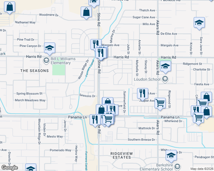 map of restaurants, bars, coffee shops, grocery stores, and more near 4715 Peacock Court in Bakersfield